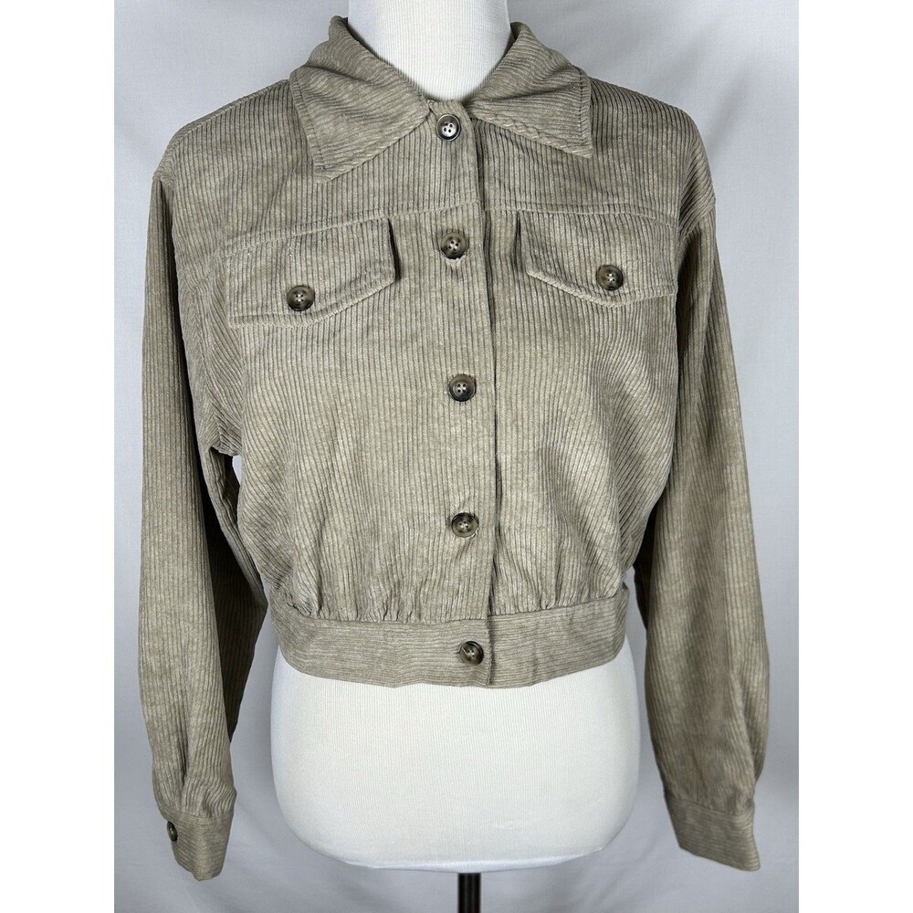 SHEIN Women’s Med Tan Corduroy Cropped Jacket Collared Button Up Ribbed Shacket